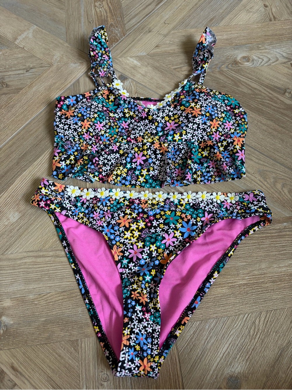 Hobie Flounce Bralette Bikini Top Hipster Bottom Swimsuit Black Dainty Ditsy